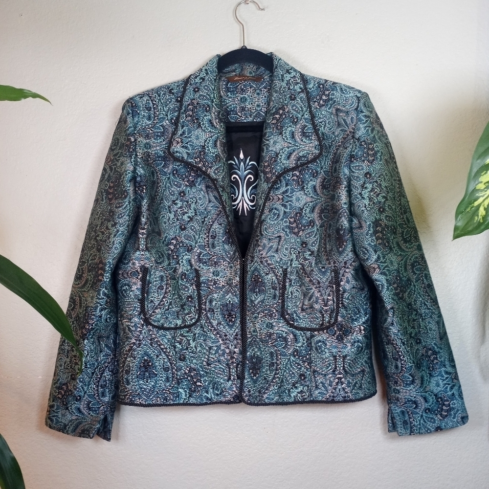 Vintage Hanna & Gracie Turquoise Blue Jaquard Black Rope Trim Paisley Blazer